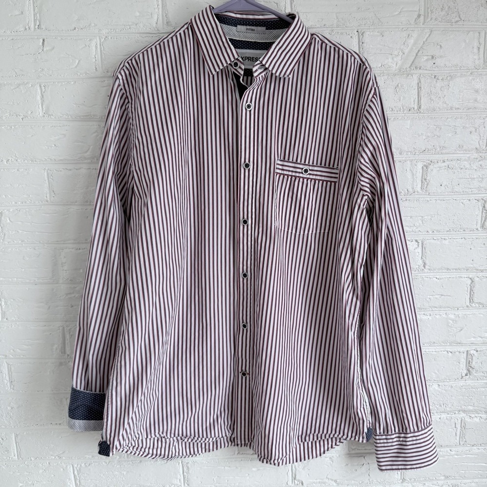 Express Shirt Mens Red‎ White Blue Stripe Knit Flip Cuff Fitted Cotton